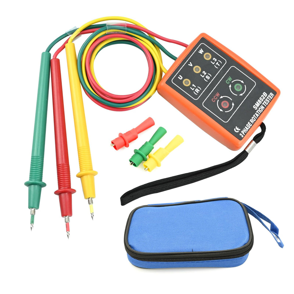  [AUSTRALIA] - Phase tester, rotating field measuring device AC60V ~ 600V, rotation display tester detector meter, 3 phase sequence presence rotation tester with buzzer tester and crocodile clips, voltage tester for high-voltage devices