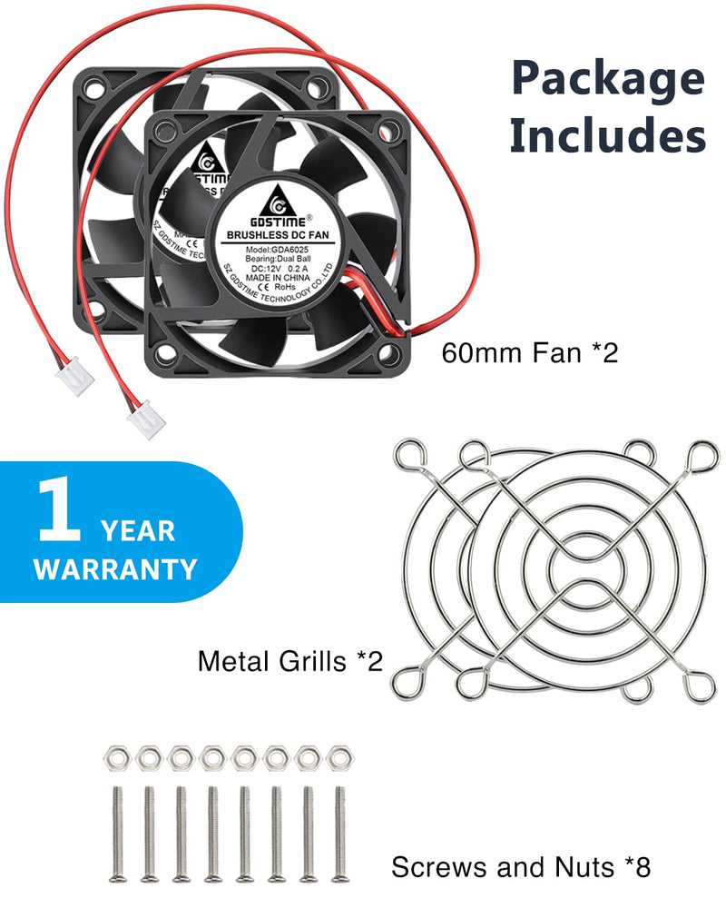  [AUSTRALIA] - GDSTIME 2 Pack 60mm x 60mm x 25mm 12V Dual Ball Bearings DC Brushless Cooling Fan