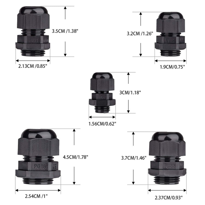  [AUSTRALIA] - Cable Gland Nylon Plastic Waterproof Adjustable, Cable Glands Joints Wire Protectors- Pg7, Pg9, Pg11, Pg13.5, Pg16 35pcs