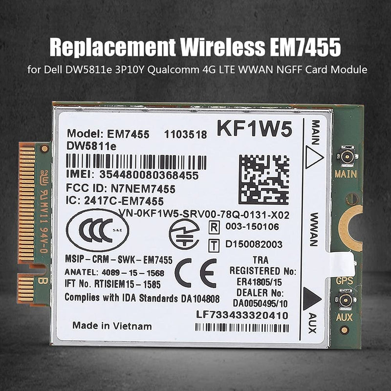  [AUSTRALIA] - EM7455 Card, Wireless 4G LTE WWAN NGFF Module for Dell Latitude, 300 Mbps Max Download Speed, PCIe M.2 Form Factor