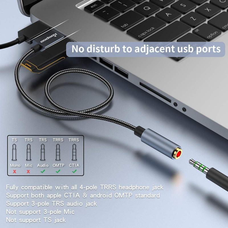  [AUSTRALIA] - USB to 3.5mm Jack Audio Adapter, KOOPAO 2in1 External USB Sound Card, 3.5mm Aux to USB to Audio Jack Sound Adapter Support CTIA OMTP Headphone TRRS Jack for PC Windows 10 PS4 Laptop Mac, 24Bit 96Khz 35cm / 13.5in 24Bit/96Khz