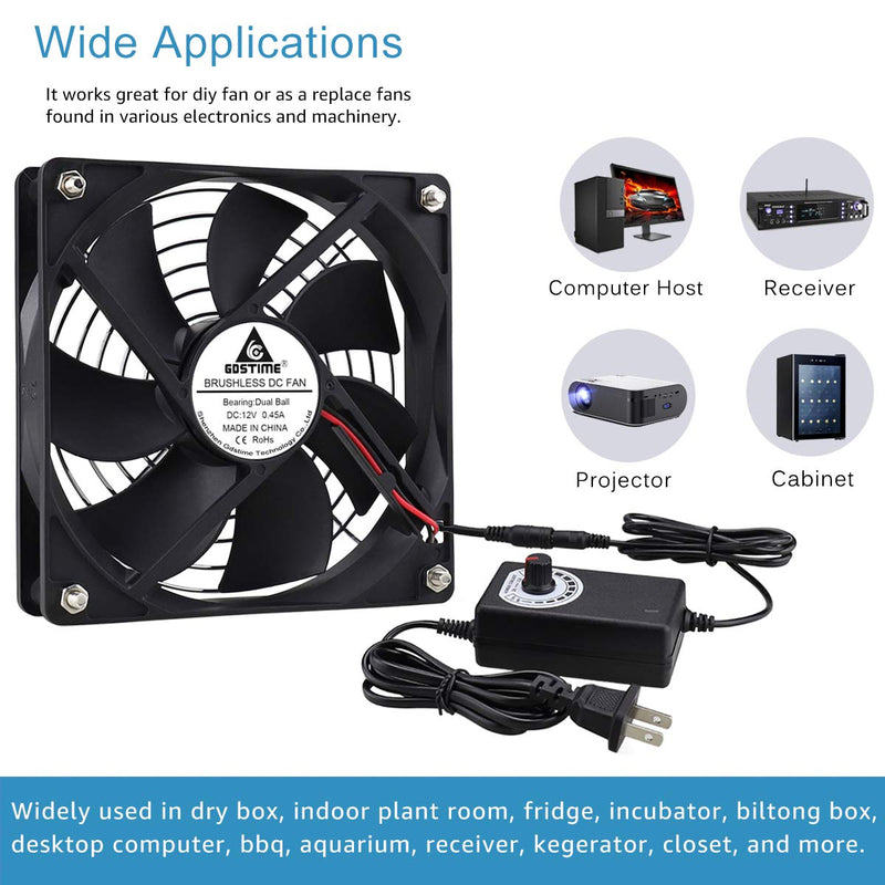  [AUSTRALIA] - GDSTIME 120mm AC 110V 220V DC 12V Powered Fan with Speed Control, for Receiver Amplifier DVR Playstation Xbox Component Cooling 1225 w/ Speed Controller