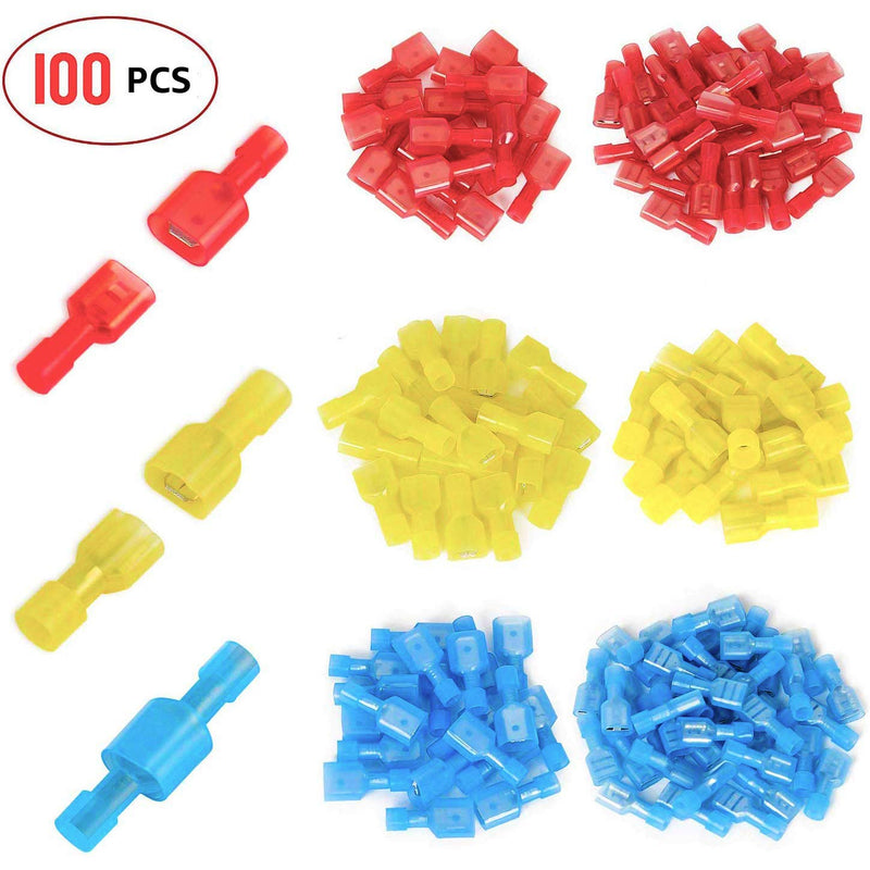  [AUSTRALIA] - Amlits 100 PCS Nylon Spade Quick Disconnect Connectors Kit, Fully Insulated Male & Female Electrical Crimp Cold-Pressed Wire Terminals Assortment Kit