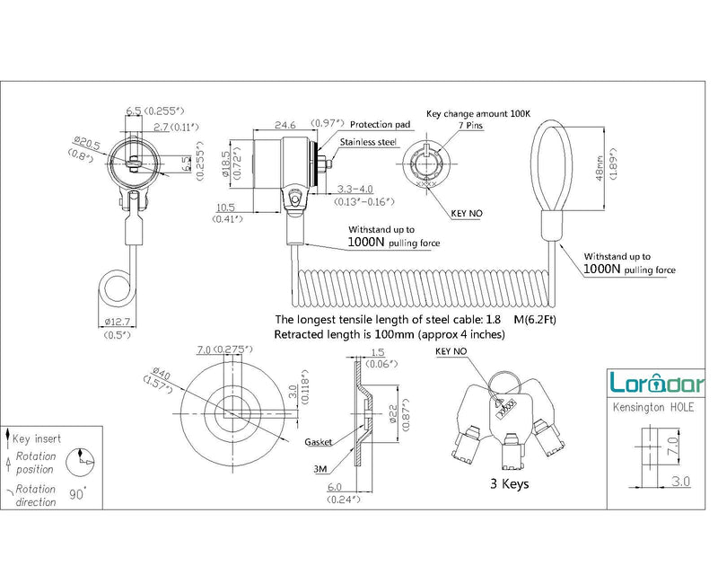  [AUSTRALIA] - Loradar Security Hardware Cable Lock Kit ,Retractable Cable Lock Portable Keyed Laptop Lock 3 Keys 6.2Ft for Monitors, Laptops, MacBooks, Tablets, iPad,Mac Mini, (Keyed Different)