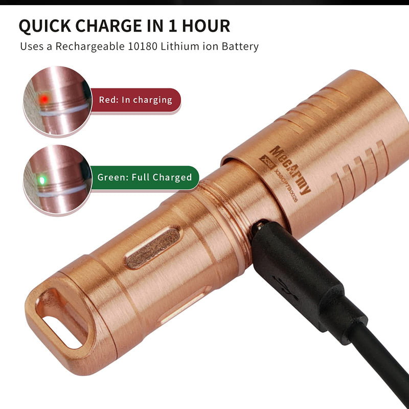 MecArmy X3S Copper/Brass Handheld Mini Keychain EDC Flashlight with Micro USB Charging | Portable Rechargeable Everyday Carry Keychain Torch|130 lumens Outdoor Waterproof Lamp (Copper) - LeoForward Australia