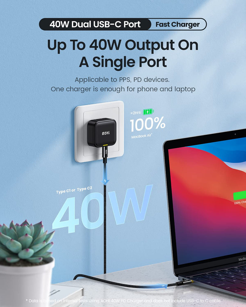  [AUSTRALIA] - USB C Charger, AOHI 40W Fast Charger Adapter 2-Port Type-C PD Wall Charger Foldable Power Adapter for iPhone 14/Plus/Pro/Pro Max 13/Mini/Pro/Pro Max /12, Galaxy, Pixel 5/4/3, iPad Pro/Air, Black