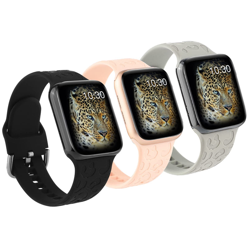  [AUSTRALIA] - 3 Pack Cheetah Engraved Strap Compatible with Apple Watch Bands 38mm 40mm 41mm,Fancy Leopard Laser Printed Soft Silicone Accessories for iWatch Series 1 2 3 4 5 6 SE 7 Black Gray 38/40/41mm