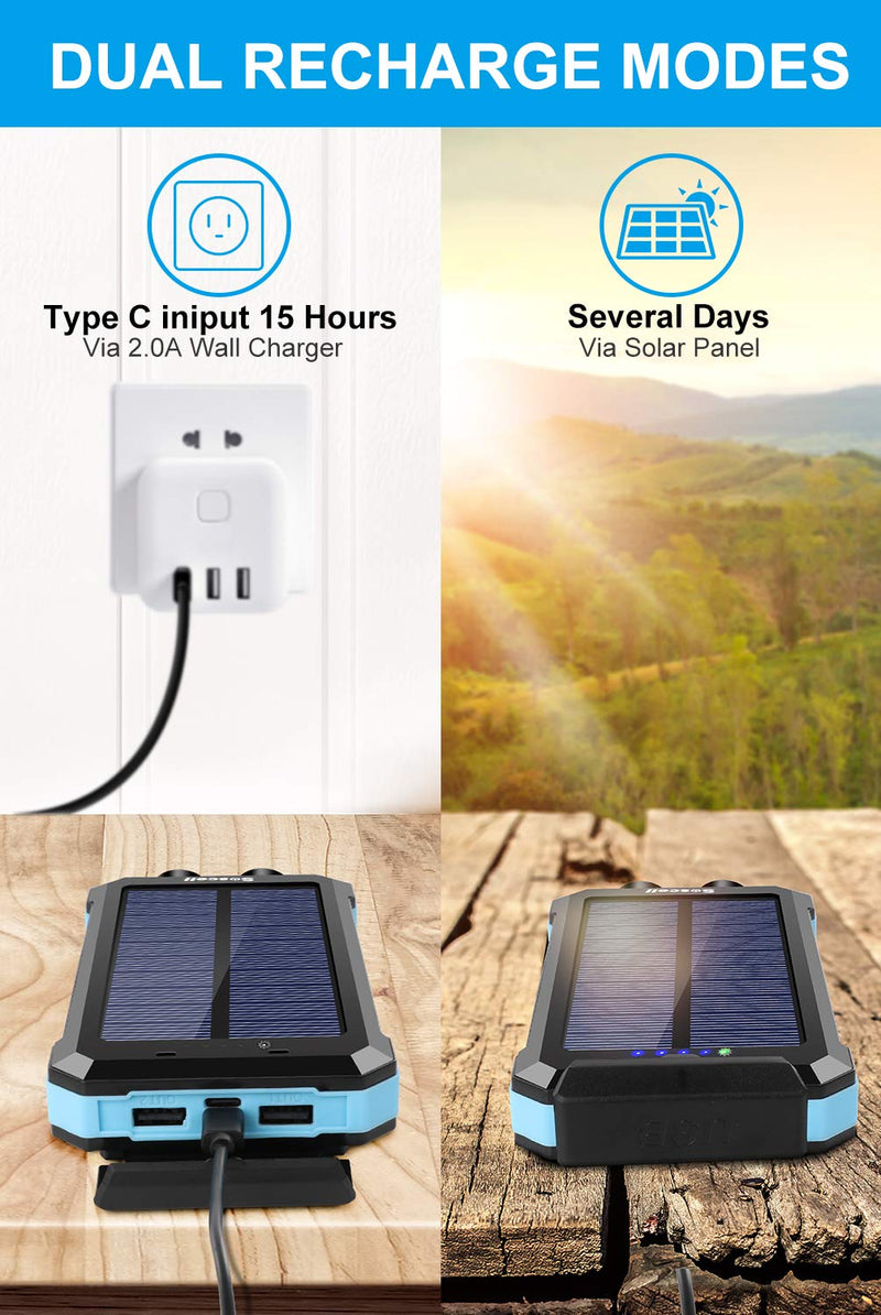 Solar Power Bank 30000mAh, Suscell Portable Solar Phone Charger with 2 Output Ports, Flashlight, IPX4 Splashproof and Shockproof for Outdoor Activities, Compatible with Smartphones and Other Devices Blue-30,000mAh - LeoForward Australia