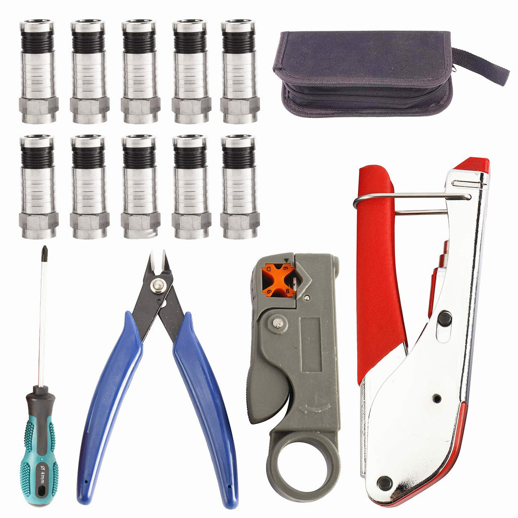  [AUSTRALIA] - Patioer Coax Cable Crimper Tool Kit, 14 Pcs Coaxial Compression Tool Cable Stripper with 10Pcs Compression Connectors for Wire Strippers Connector Coaxial RG59 RG6F BNC RCA Crimper Cable Strippers