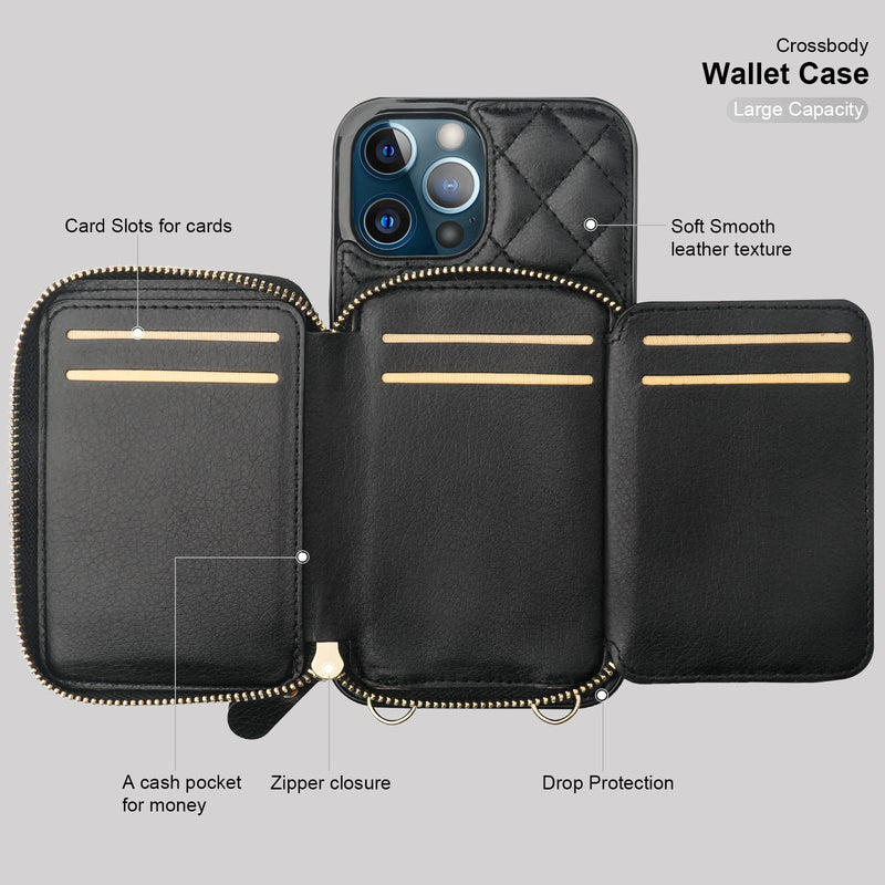  [AUSTRALIA] - Bocasal Crossbody Wallet Case for iPhone 12 Pro Max, RFID Blocking PU Leather Zipper Handbag Purse Flip Cover, Kickstand Folio Case with Card Slots Holder Wrist Strap Lanyard 5G 6.7 Inch (Black) Black