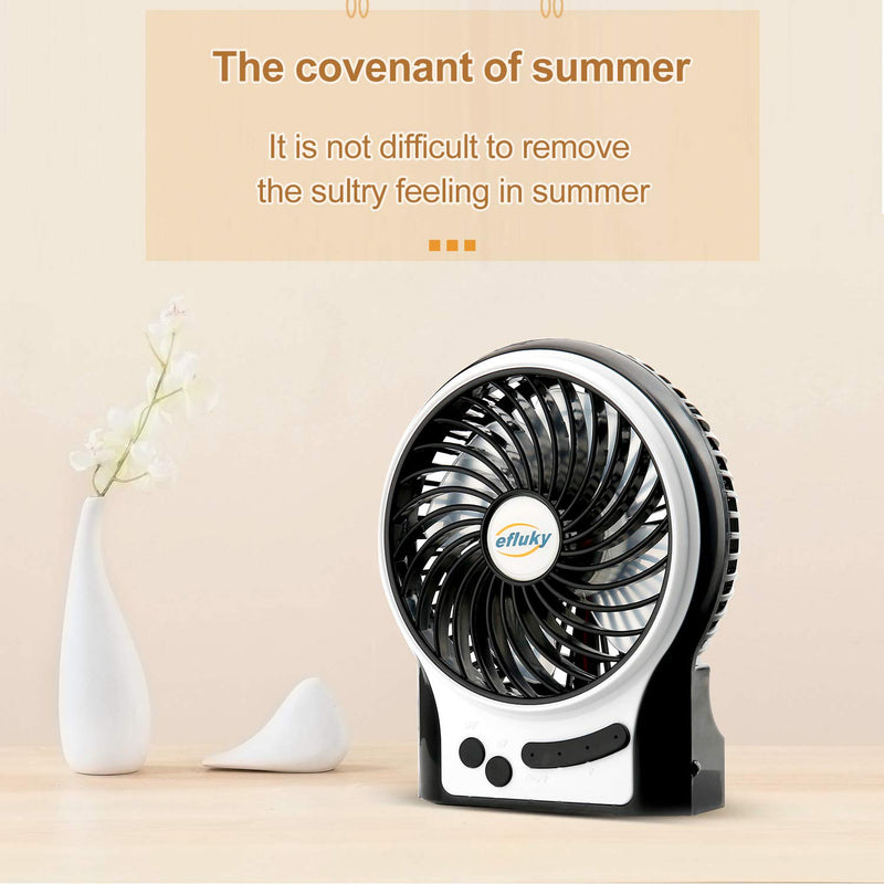  [AUSTRALIA] - efluky 3 Speeds Mini Desk Fan, Rechargeable Battery Operated Fan with LED Light and 2200mAh Battery, Portable USB Fan Quiet for Home, Office, Travel, Camping, Outdoor, Indoor Fan, 4.9-Inch, Black