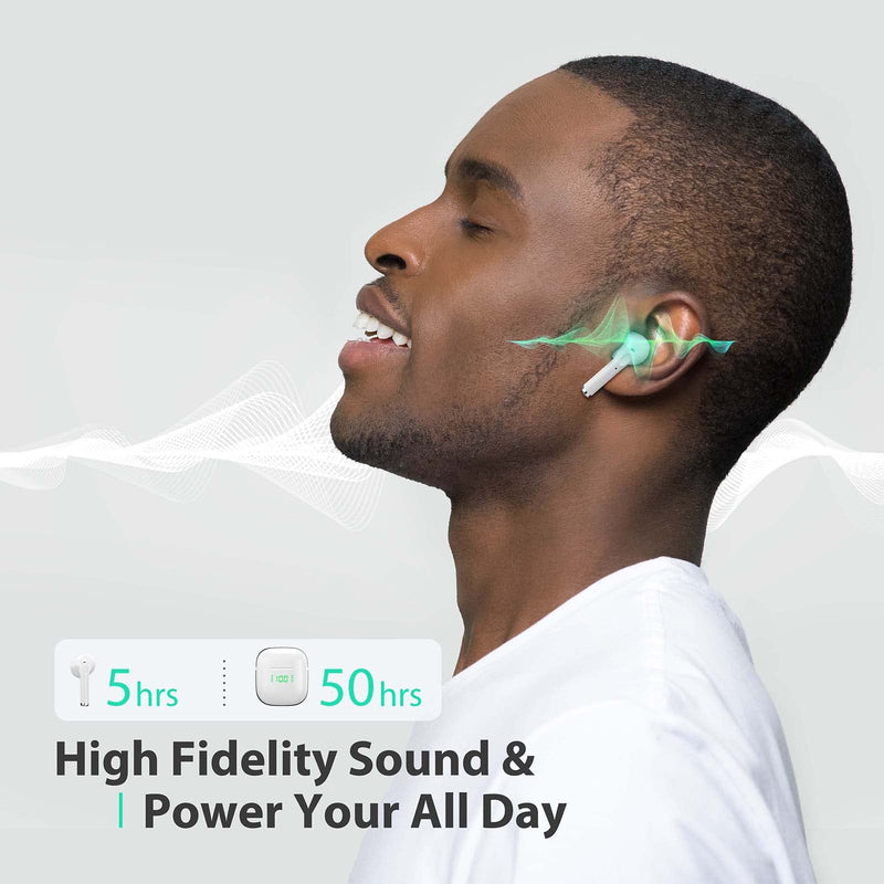  [AUSTRALIA] - NUBBYO Bluetooth Headphones Wireless Earbuds 50Hrs Playtime with Wireless Charging Case Dual Power Display Ear Buds Touch Control Stereo Earphones in-Ear Earbuds with Mic for Phone TV Laptop White