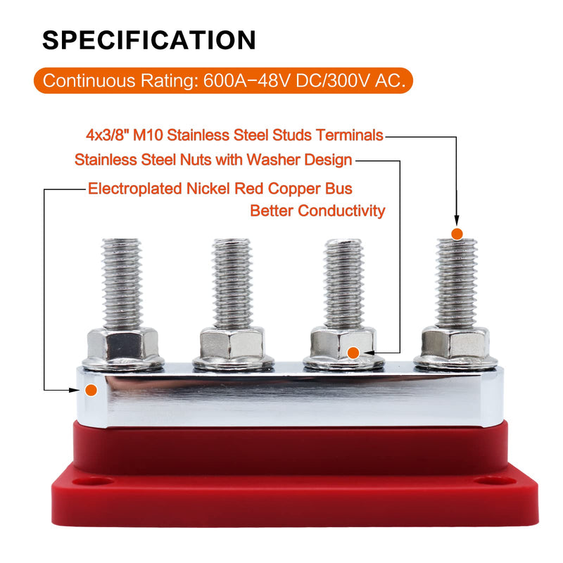  [AUSTRALIA] - AMOMD Heavy-Duty 600A Bus Bar 300V AC/12-48V DC 4-Studs (3/8") M10 High Current Copper Busbar Terminal Block Marine Battery Ground Distribution Block with Cover (Red) 4 Studs Red