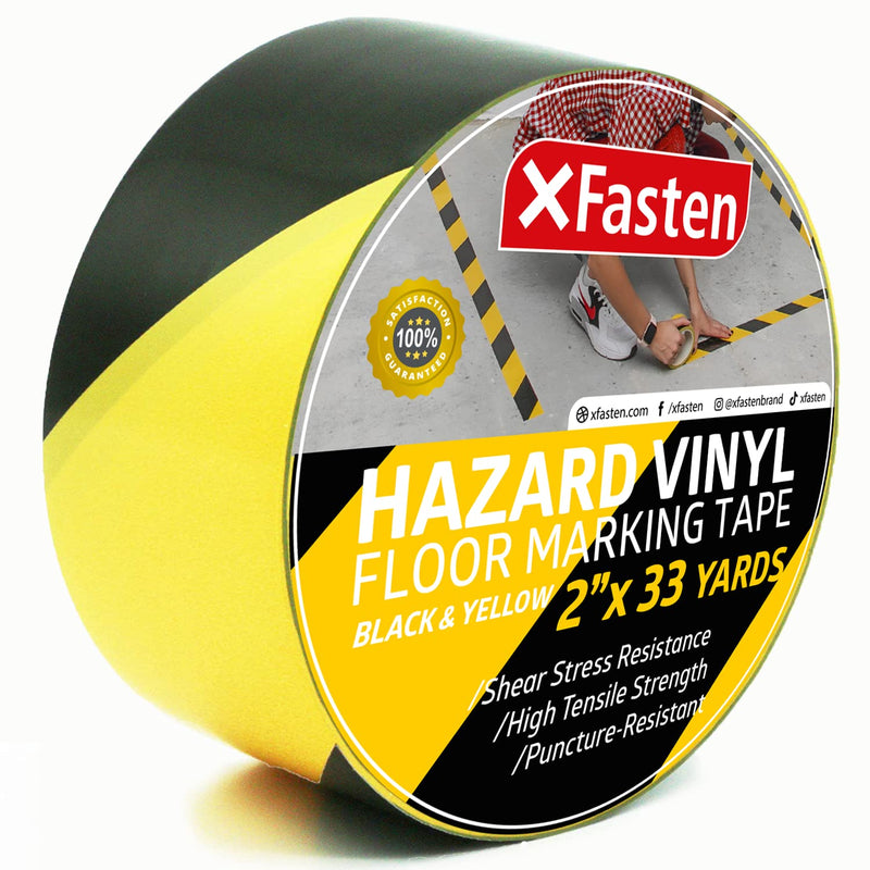  [AUSTRALIA] - XFasten Hazard Warning Safety Striped Tape, Black and Yellow, Waterproof, 2-Inch x 33-Yards, High Visibility Warehouse Caution Stripe Adhesive Rolls Barricade Tape for Walls, Stairs, Aisles, Floors