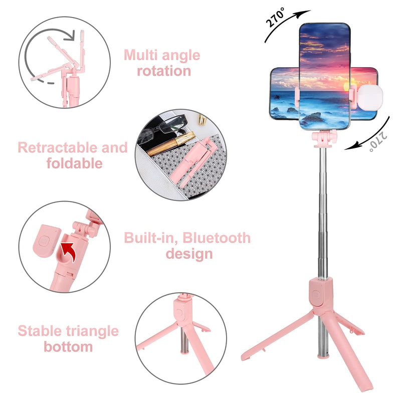  [AUSTRALIA] - MQOUNY Selfie Stick with Tripod Stand,Portable Rechargeable Dimmable Selfie Fill Light,Bluetooth Remote&Phone Holder Compatible with iPhone 12 12 Pro 11 11 Pro XS Max XR Galaxy/iOS/Android (Pink) pink