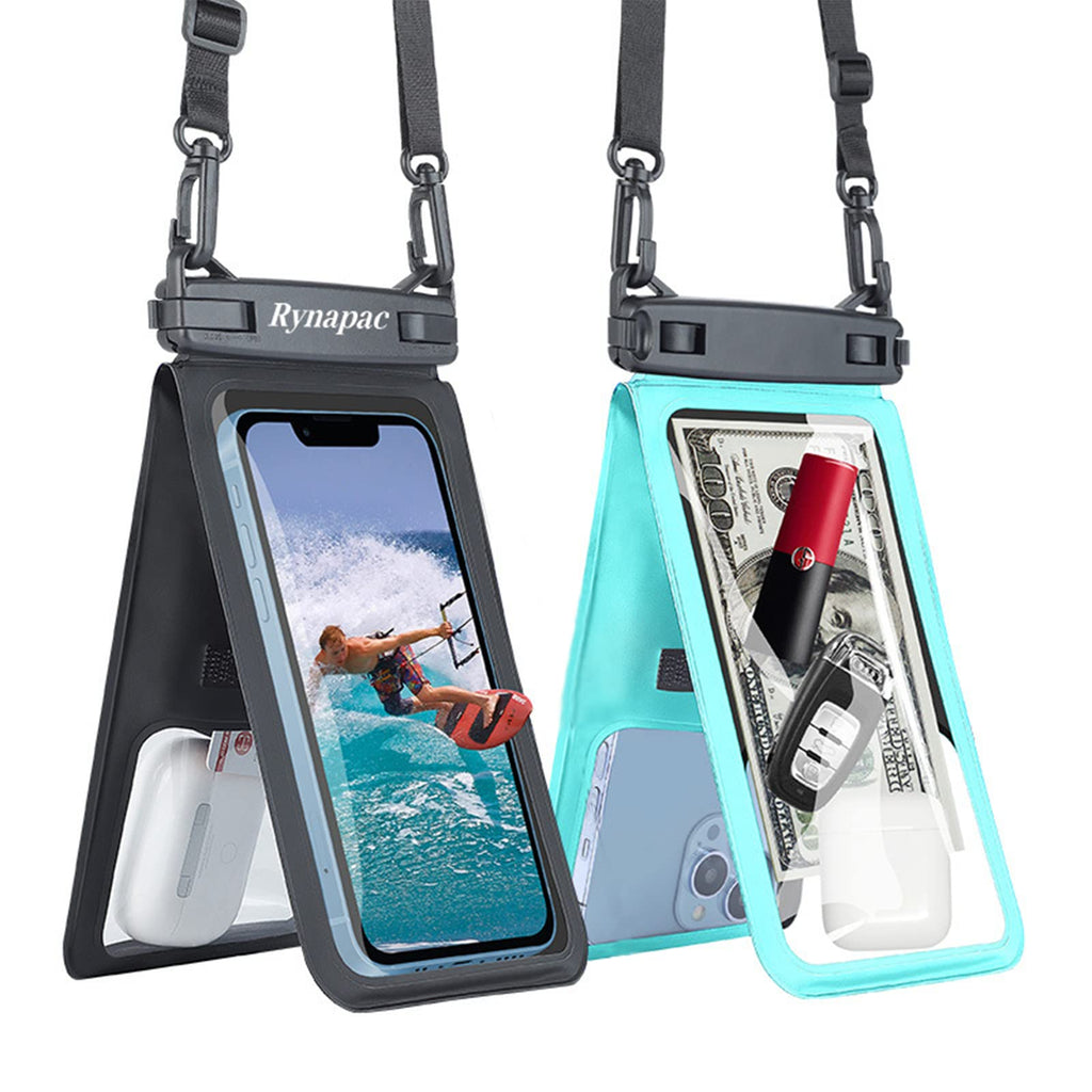  [AUSTRALIA] - 2 packsDouble Space Waterproof Mobile Phone Bag Diving Protective Case Swimming Rain Proof Mobile Phone Bag Sealed Plastic Waterproof Bag (Black+Cyan) Black+Cyan