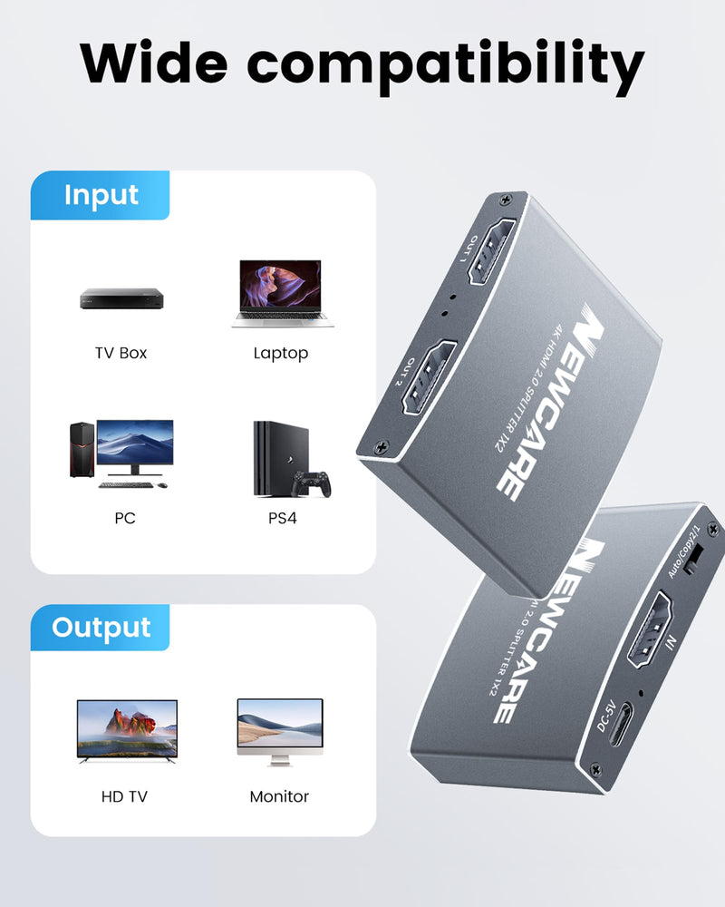  [AUSTRALIA] - NEWCARE 4K@60Hz 2 Port 1x2 Alu-Alloy HDMI2.0b Splitter 1 in 2 Out with 3.9FT HDMI Cable,Powered Splitter for Dual Monitors Extended Display (Duplicate/Mirror/Copy), Support 18Gbps,HDR D-ol-b-y Vision 4K@60Hz HDMI Splitter Grey