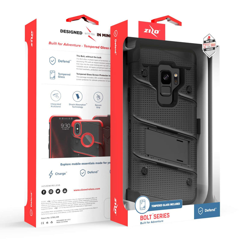  [AUSTRALIA] - ZIZO Bolt Series for Samsung Galaxy S9 Case Military Grade Drop Tested with Tempered Glass Screen Protector Holster Black Black/Black