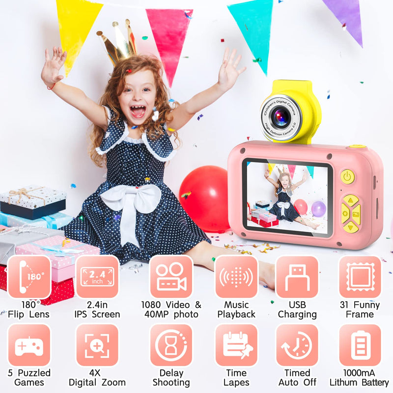  [AUSTRALIA] - Kid Camera,ARNSSIEN Camera for Kid,2.4in IPS Screen Digital Camera,180°Flip Len Student Camera,Children Selfie Camera with Playback Game,Christmas/Birthday Gift for 4 5 6 7 8 9 10 11 Year Old Girl Boy Pink