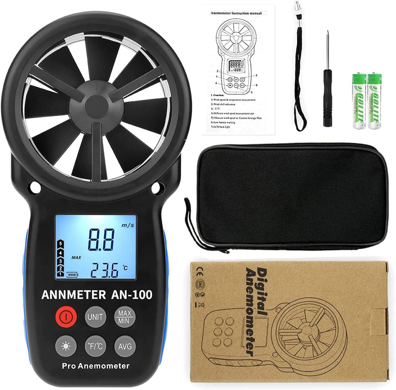  [AUSTRALIA] - AIOMEST AI-100 Digital Anemometer, Wind Gauge Wind Gauge Handheld, Wind Gauge CFM Wind Speed Meter for Wind Speed Temperature Wind Chill Tester, HVAC