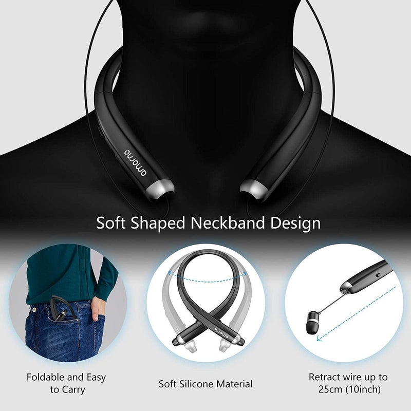  [AUSTRALIA] - Bluetooth Headphones, AMORNO Foldable Wireless Neckband Headset with Retractable Earbuds, Sports Sweatproof Noise Cancelling Stereo Earphones with Mic Black