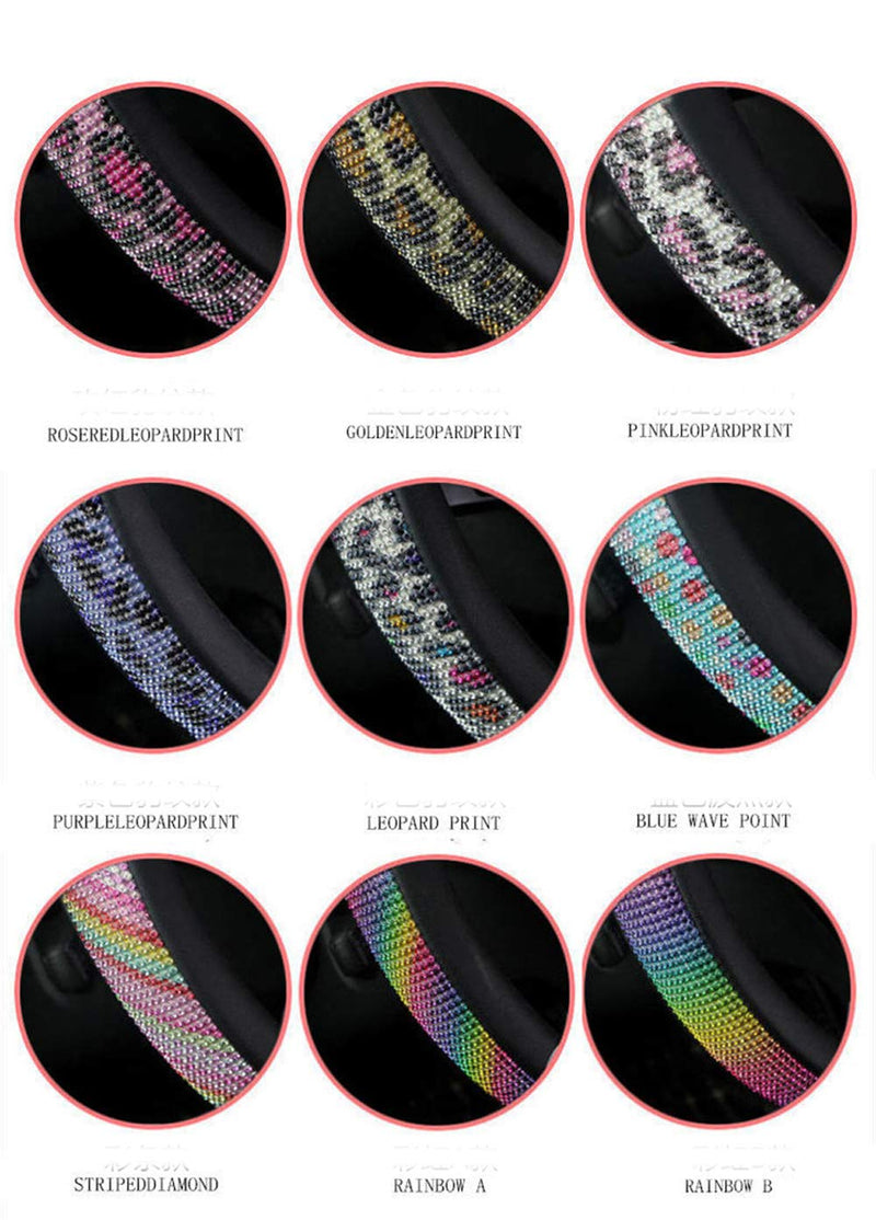  [AUSTRALIA] - Carmen Fashion Diamonds Steering Wheel Cover Leopard Printed Handle Protector Four Seasons Universal 15 Inch (Rainbow A) Rainbow A