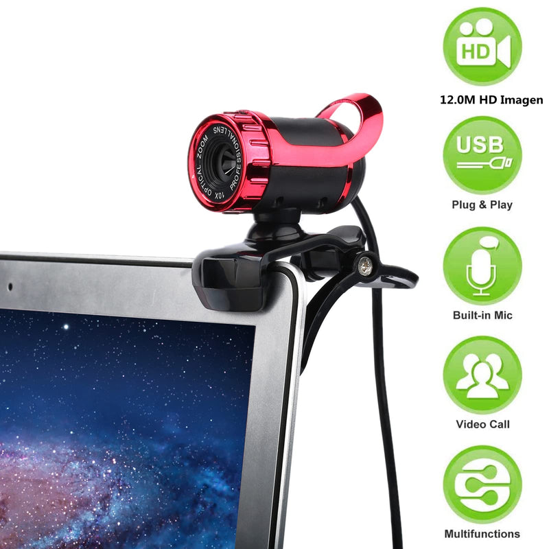  [AUSTRALIA] - USB Desktop Laptop Camera,Manual Focus HD Webcam with Built-in Microphone,Clip-on Mini Plug and Play Video Calling Webcam,360° Rotating(Red) Red