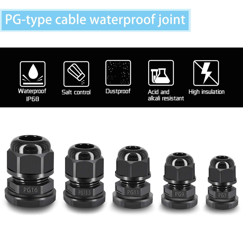  [AUSTRALIA] - NineLeaf 5 Different Sizes Cable Gland, 4 Connectors of Each Size IP68 Waterproof Adjustable Cable Connectors Adjustable 3-13mm Cable Glands Joints with Gaskets -PG7, PG9, PG11, PG13.5, PG16