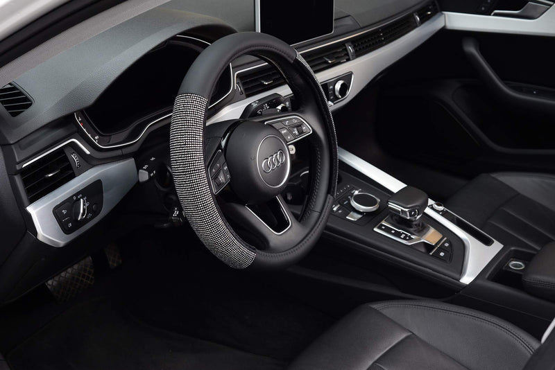  [AUSTRALIA] - KAFEEK Diamond Leather Steering Wheel Cover with Bling Bling Crystal Rhinestones, Universal 15 inch Anti-Slip, Super cool Black Microfiber Leather and Diamond