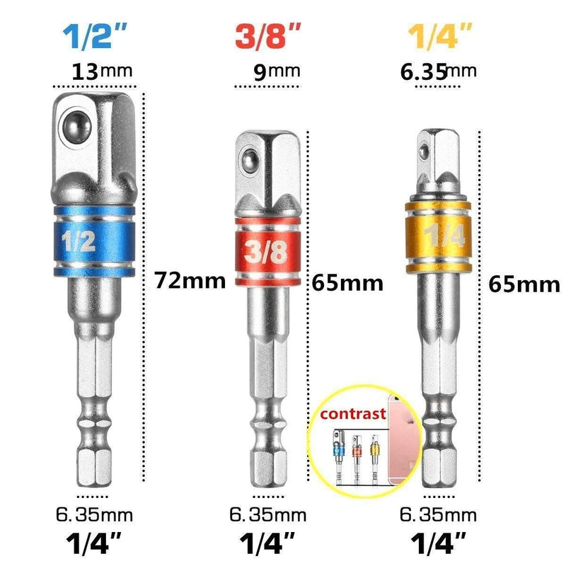 3Pcs 1/4" 3/8" 1/2"Hex Socket Adapter Drill Bits Set,Impact Grade Socket Wrench Adapter Extension Set,105°Right Angle Drill Bit Adapter Attachment 1/4" Drive Hex Magnetic Bit Socket Screwdriver Drill - LeoForward Australia