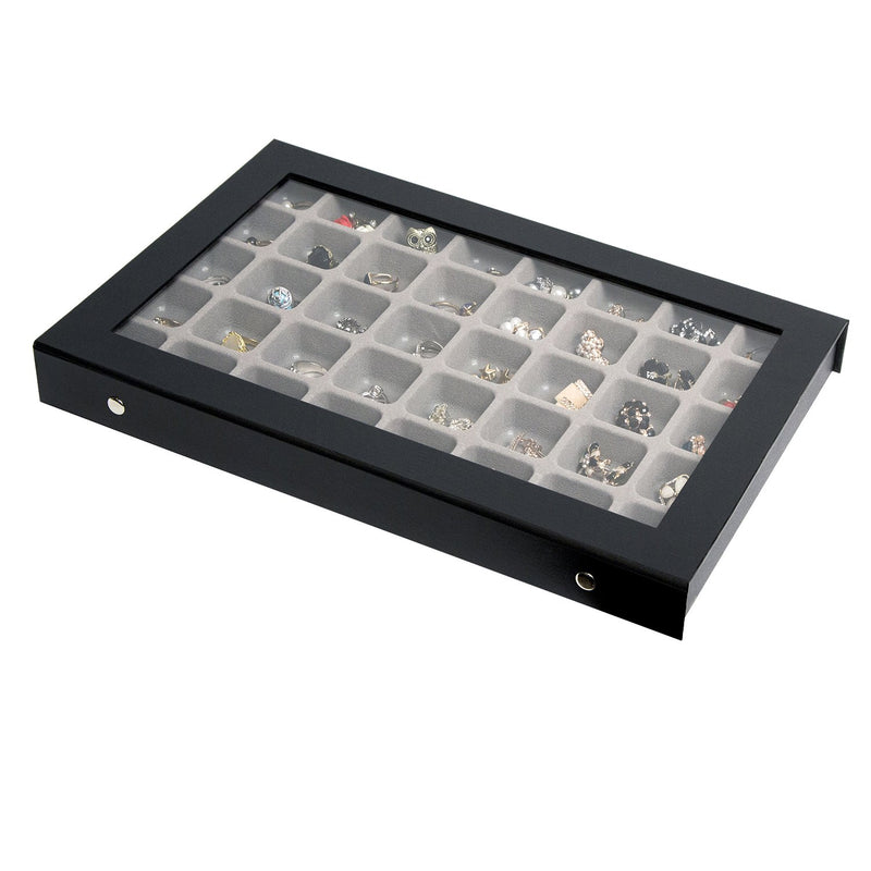  [AUSTRALIA] - JackCubeDesign 40 Compartments Jewelry Display Tray Showcase Organizer Storage Box Slots Holder for Earring, Ring with Acrylic Cover(Black, 16.97 x 9.7 x 1.65 inches) – :MK333A Black