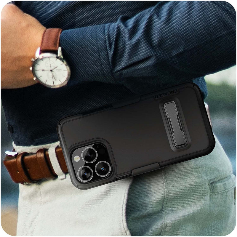  [AUSTRALIA] - Encased Belt Case Designed for iPhone 13 PRO MAX Case with Metal Kickstand and Slimline Holster Clip (Matte Black)