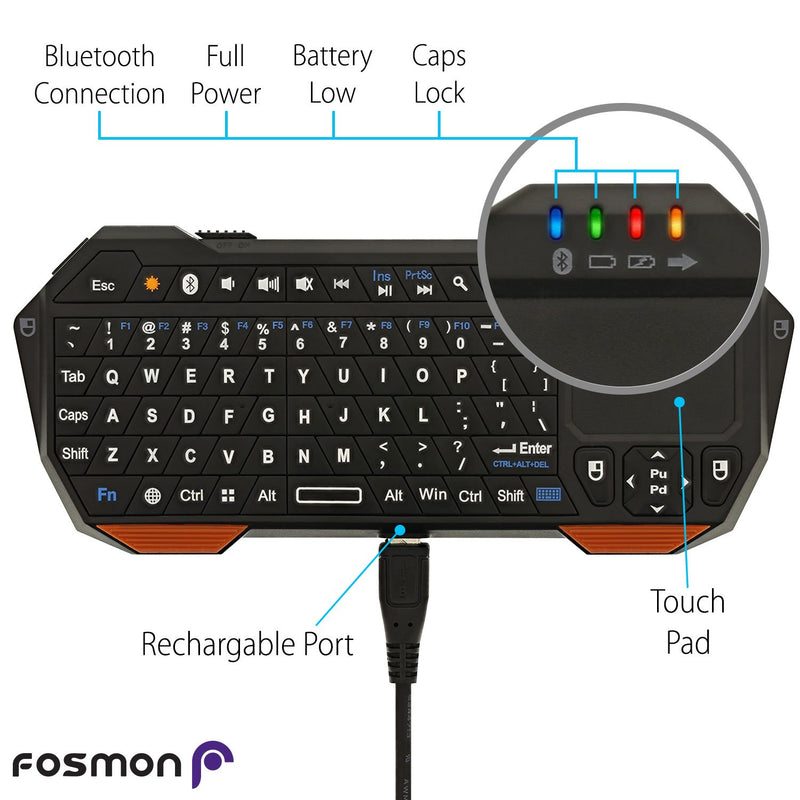  [AUSTRALIA] - Fosmon Mini Bluetooth Keyboard (QWERTY Keypad), Wireless Portable Lightweight with Built-In Touchpad, Compatible with Apple TV, PS4, HTPC/IPTVVR Glasses, Smartphones and more