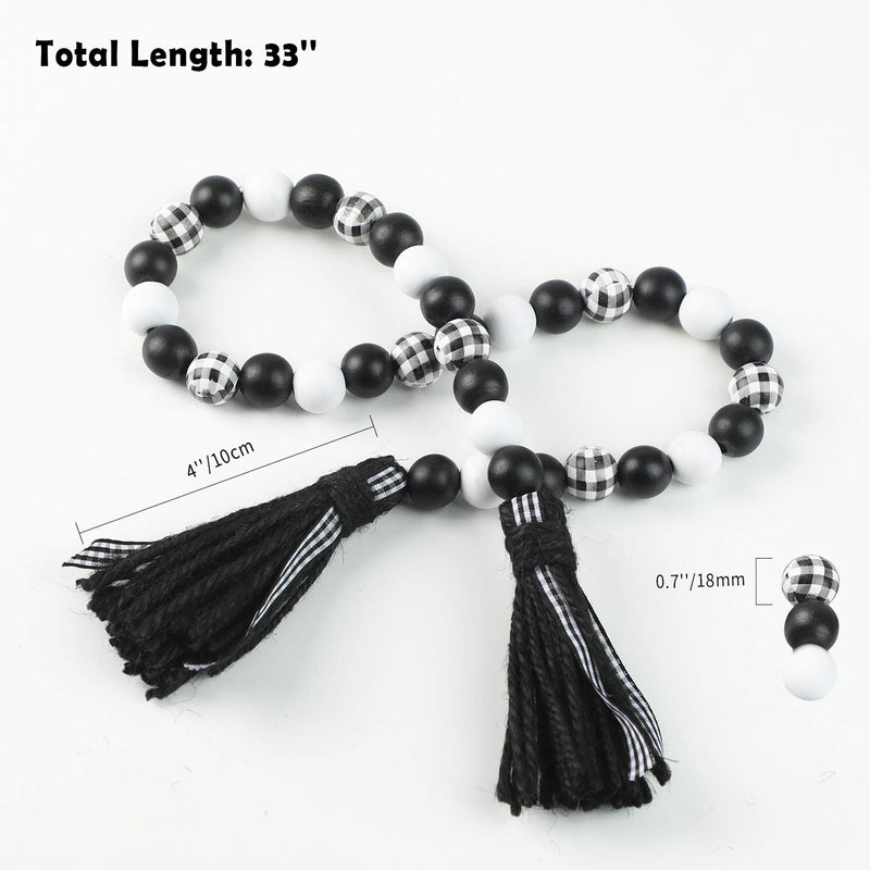  [AUSTRALIA] - Farmhouse Wood Bead Garland with Tassels, Rustic Tiered Tray Christmas Decorations, Black White Buffalo Plaid Wooden Bead with Jute Rope Plaid Tassel, Natural Country Chic Home Decor Black & White Buffalo Plaid