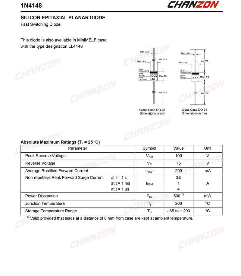 (Pack of 100 Pieces) Chanzon 1N4148 Small Signal Fast Switching Diodes High-Speed Axial 200mA 100V DO-35 (DO-204AH) IN4148 4148 200 mA 100 Volt - LeoForward Australia