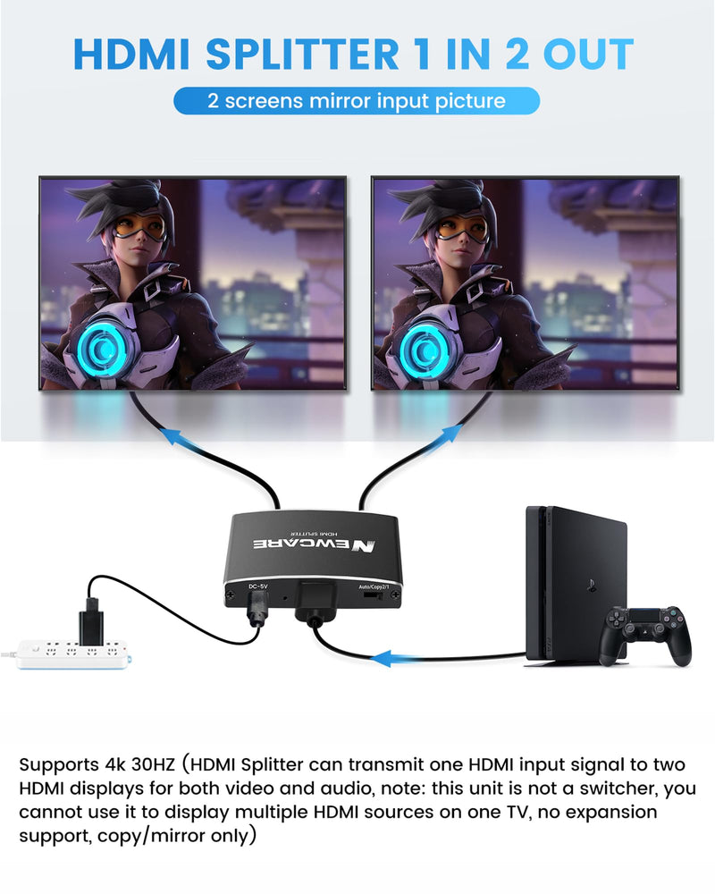  [AUSTRALIA] - NEWCARE HDMI Splitter 1 in 2 Out, Alu-Alloy 4K HDMI Splitter for Dual Monitors Duplicate/Mirror with 3.9FT HDMI Cable,Powered HDMI Splittter Amplifier, Support Two Different/Same Size TVs at Same Time 4K@30Hz HDMI Splitter Black