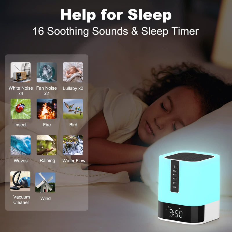  [AUSTRALIA] - Xmas Gifts for Teenage Girls Boys, Night Light Bluetooth Speaker Alarm Clock, Upgraded Touch Bedside Lamp for Bedroom, Dimmable Warm Light, 48 RGB Color Changing, Sound Machine with White Noise