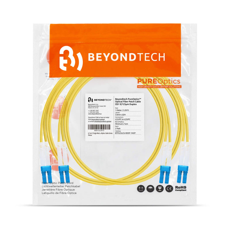 LC to LC Fiber Patch Cable Single Mode Duplex - 1m (3.28ft) - 9/125um OS1 LSZH (2 Pack) - Beyondtech PureOptics Cable Series 1m (3ft) 2-Pack LC to LC - LeoForward Australia