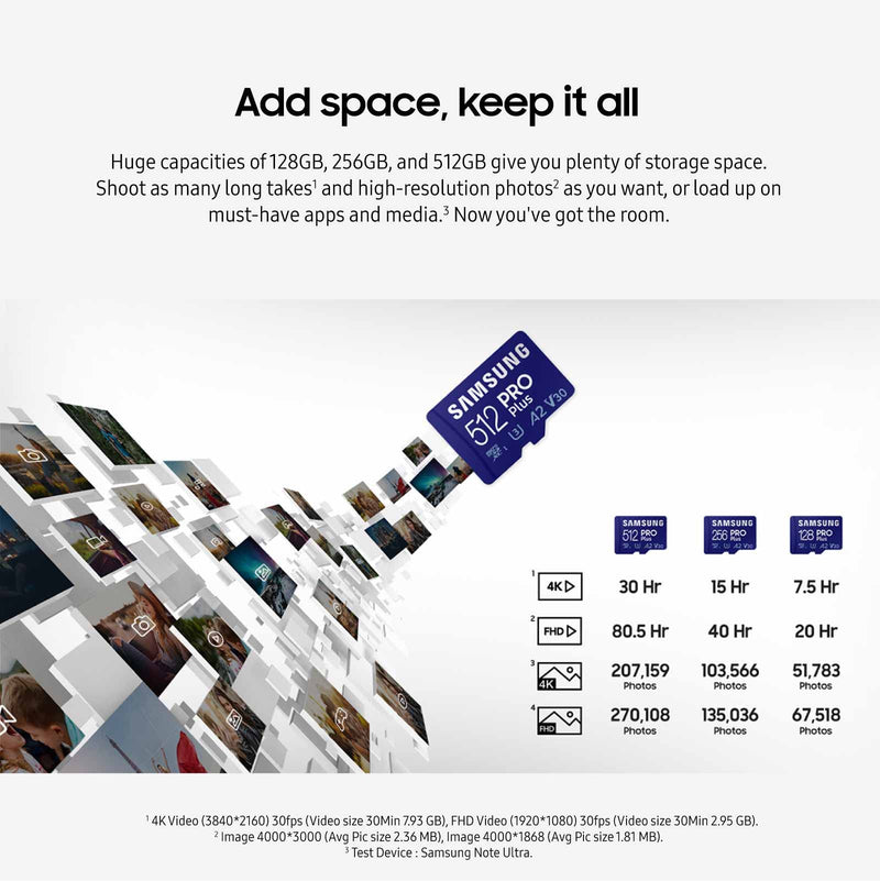  [AUSTRALIA] - SAMSUNG PRO Plus microSD Memory Card + Adapter, 512GB MicroSDXC, Up to 180 MB/s, Full HD & 4K UHD, UHS-I, C10, U3, V30, A2 for Android Phones, Tablets, GoPRO, DJI Drone, MB-MD512SA/AM, 2023 New PRO Plus Read/Write 180/130MB/s