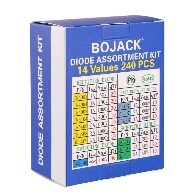  [AUSTRALIA] - BOJACK 14 Value 240 pcs Diode Assortment Kit Contain Rectifier/Fast Recovery/Schottky/Switching Diode 1N4001 1N4004 1N4007 1N5404 1N5406 1N5408 RL207 FR107 FR207 UF4007 1N5817 1N5819 1N5822 1N4148