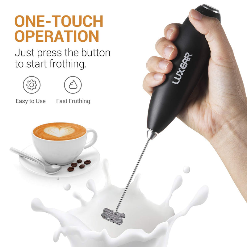  [AUSTRALIA] - LUXEAR One Touch Milk Frother Handheld, Battery Operated Electric Hand Foamer Blender for Lattes, Whisk Drink Mixer for Coffee, Cappuccino, Frappe, Hot Chocolate with Stainless Steel Stand - Black