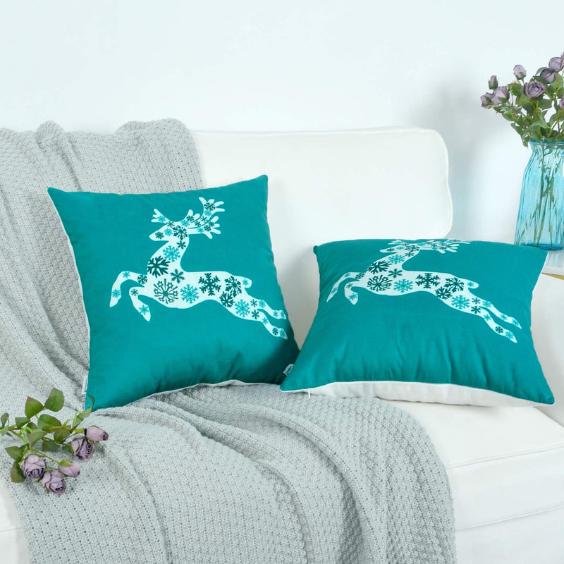  [AUSTRALIA] - Christmas Cushion Covers, 2PCS Pillow Shell with Christmas Deer Print, 100% Polyester Throw Pillow Cover for Home Decorative Bedroom Living Room Home Garden Couch Bed Sofa Chair, 18X18 Inch, Teal 18"X18"