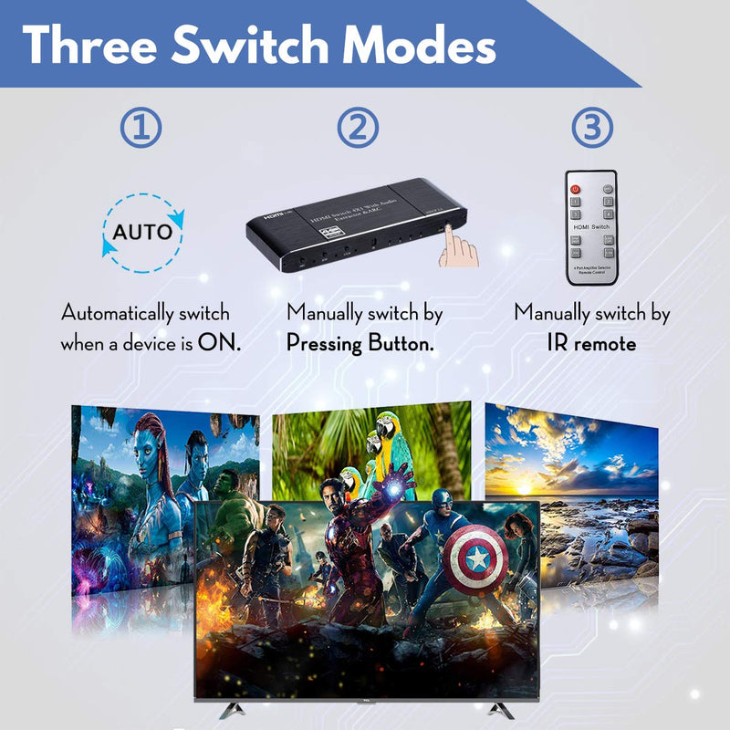  [AUSTRALIA] - HDMI Switch 4x1, HDMI Switch 4 in 1 Out, 4K@60Hz HDMI Switcher 4 Port with Audio Extractor Support HDCP 2.2, HDMI 2.0b, HDR Compatible for Fire TV, STB, DVD, Blu-Ray Player, PS4 Etc