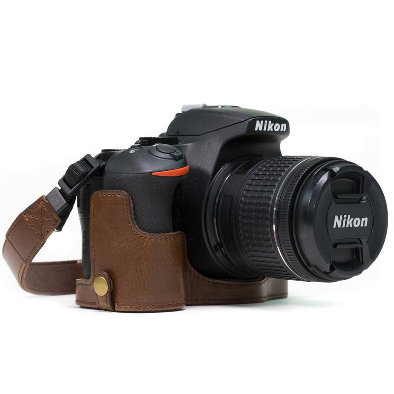  [AUSTRALIA] - MegaGear Nikon D5600, D5500 Ever Ready Leather Camera Half Case and Strap, with Battery Access - Dark Brown - MG1171