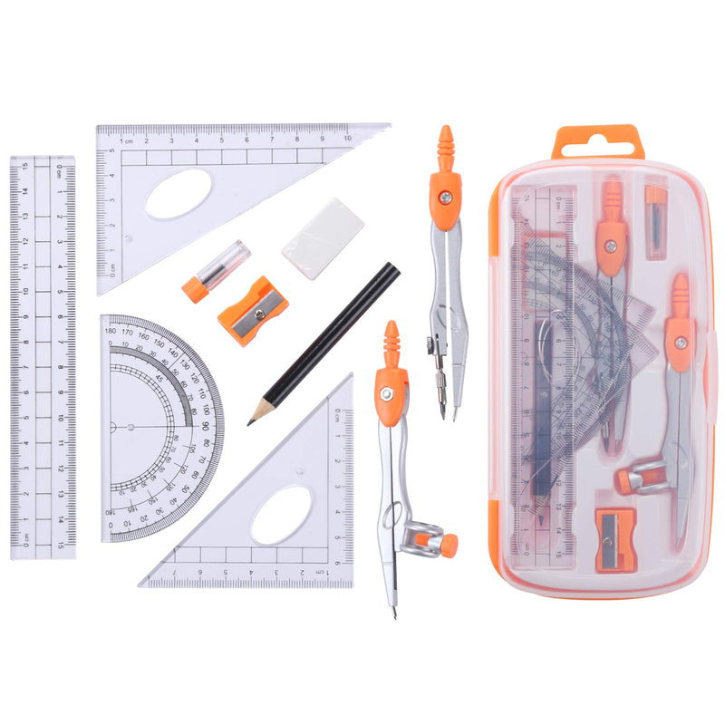 Unjoo Math Geometry Kit Sets 10 Piece Student Supplies with Shatterproof Storage Box,Includes Rulers,Protractor,Compass,Eraser,Pencil Sharpener,Lead Refills,Pencil,for Drafting and Drawings（Orange） Orange - LeoForward Australia