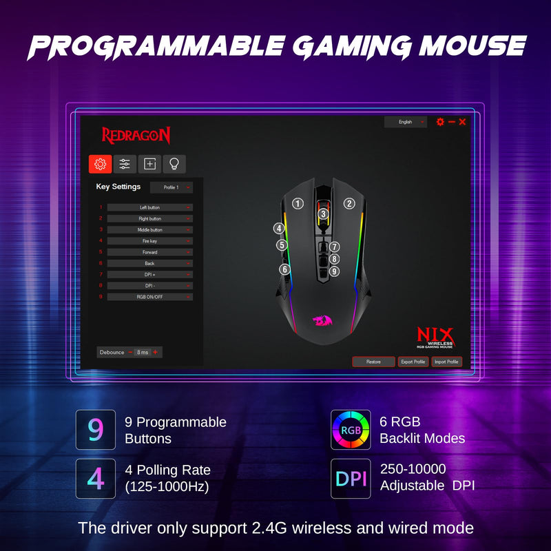  [AUSTRALIA] - Redragon Wireless Gaming Mouse, Tri-Mode 2.4G/USB-C/Bluetooth Mouse Gaming, 10000 DPI, RGB Backlit, Fully Programmable, Rechargeable Wireless Computer Mouse for Laptop PC Mac, Black US Layout