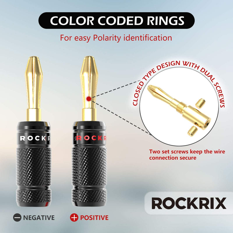  [AUSTRALIA] - ROCKRIX Banana Plugs 6 Pairs / 12 pcs, Dual Closed Screw 24K Gold Plated Banana Connectors for Speaker Wire, Wall Plate, Home Theater, Audio/Video Receiver, Amplifiers and Sound Systems