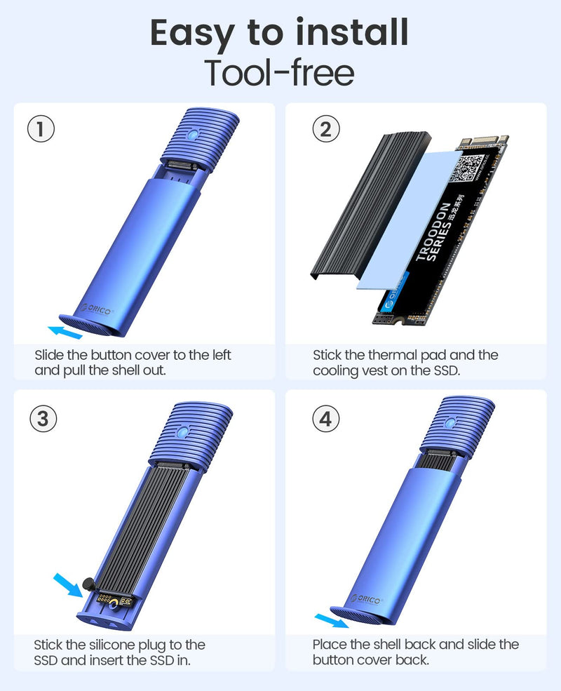  [AUSTRALIA] - ORICO Aluminum M.2 NVMe SSD Enclosure , Tool-Free 10Gbps USB C Adapter, USB 3.2 M.2 NVMe Reader, External SSD Case Thunderbolt 3 compatible, Supports 4TB 2230/2242 /2260/2280 PCIe M-Key SSDs-BL(G2A) Blue-C to A cable