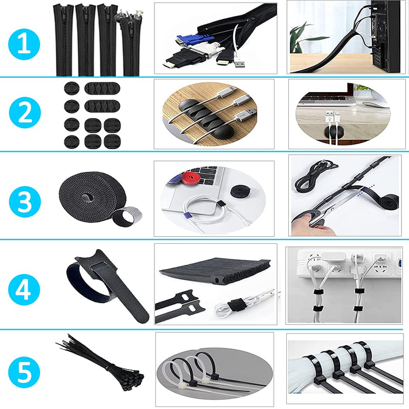  [AUSTRALIA] - 126pcs Cable Management Organizer Kit, 4 Cable Sleeve 10 Reusable Cable Ties 10 Self Adhesive Cable Clips 2 Velcro Cable Tie Rolls 100 Nylon Wire Ties, Cord Organizer for TV Office Home etc (Black)