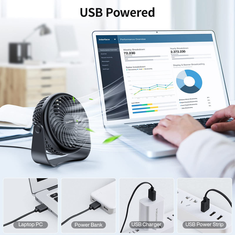  [AUSTRALIA] - SmartDevil USB Desk Fan, 3 Speeds Portable Mini Desktop Fan, 360° Adjustment Small Personal Table Fan for Home Office Car Outdoor Travel (Black)